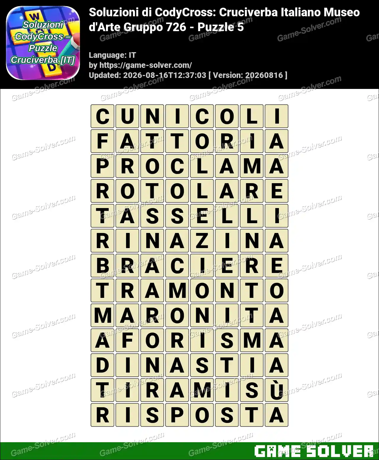 Soluzioni di CodyCross: Cruciverba Italiano Museo d’Arte Gruppo 726 – Puzzle 5